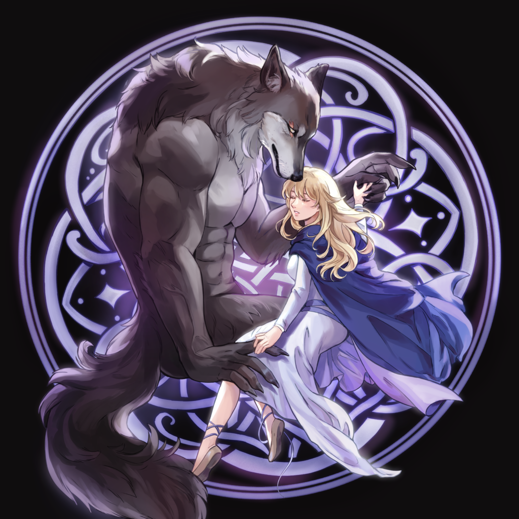 Art of a blonde feminine person holding the hand of a werewolf. A decorative purple sigil is behind them.
